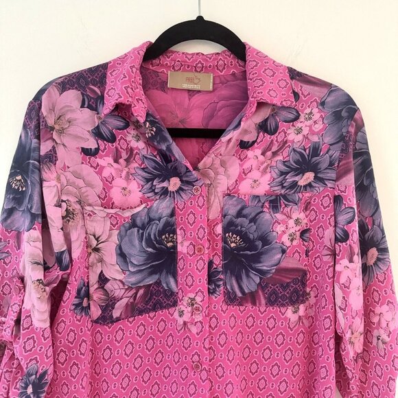 Anthropologie Free For Humanity sz M Mixed Print Floral Cottage Button Roll Tab - Picture 2 of 16